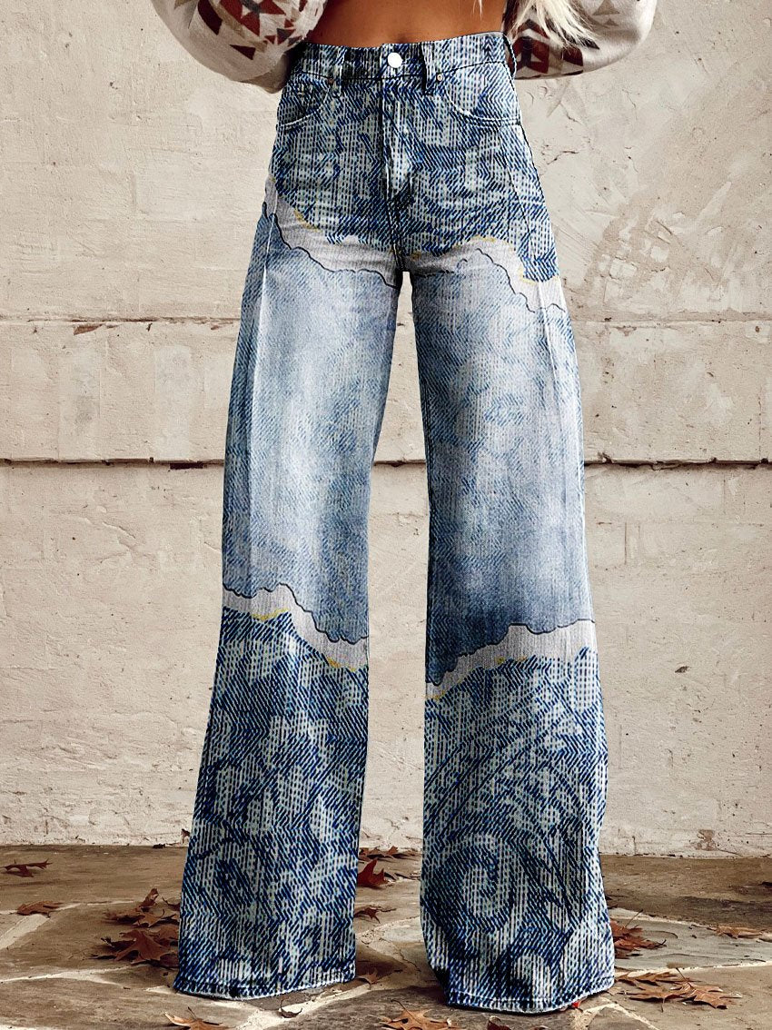 Women's Vintage Texture Print Casual Wide Leg Pants