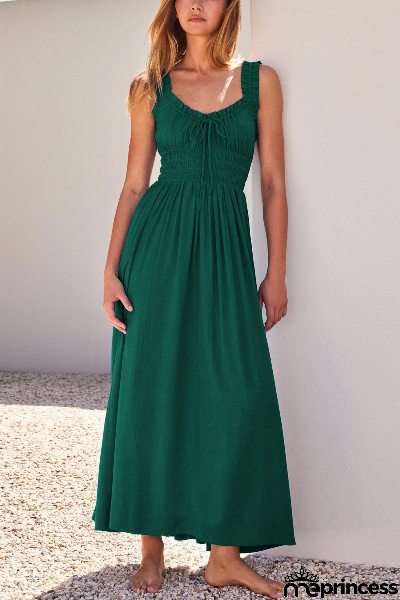 V Neck Tie-up Smocked Midi Dress