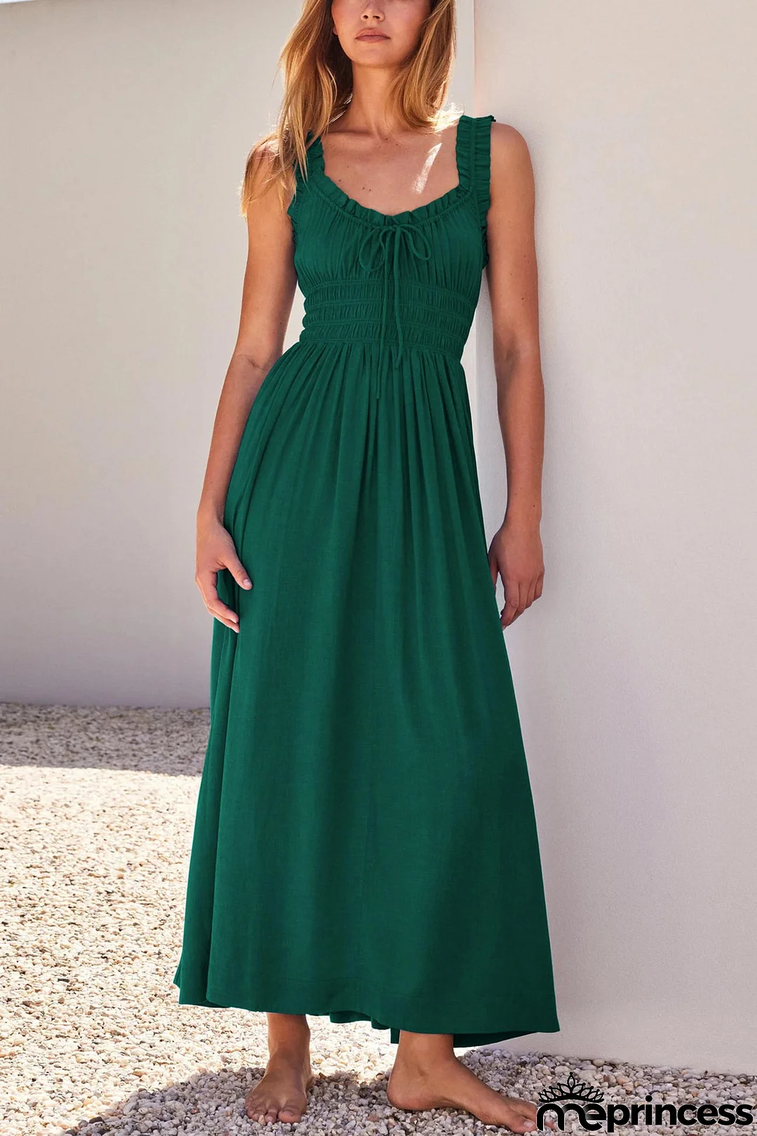 V Neck Tie-up Smocked Midi Dress