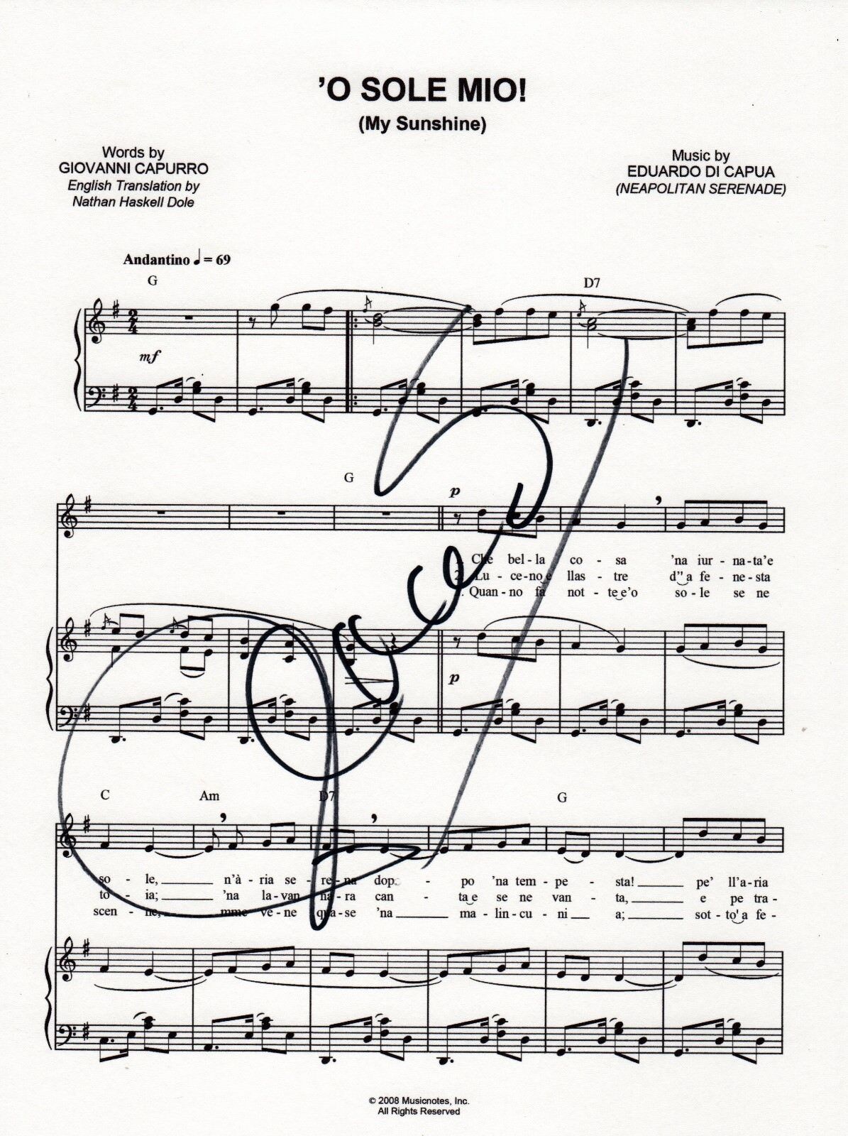 Placido Domingo SIGNED 'O Sole Mio! My Sunshine music sheet COA #2 Three Tenors