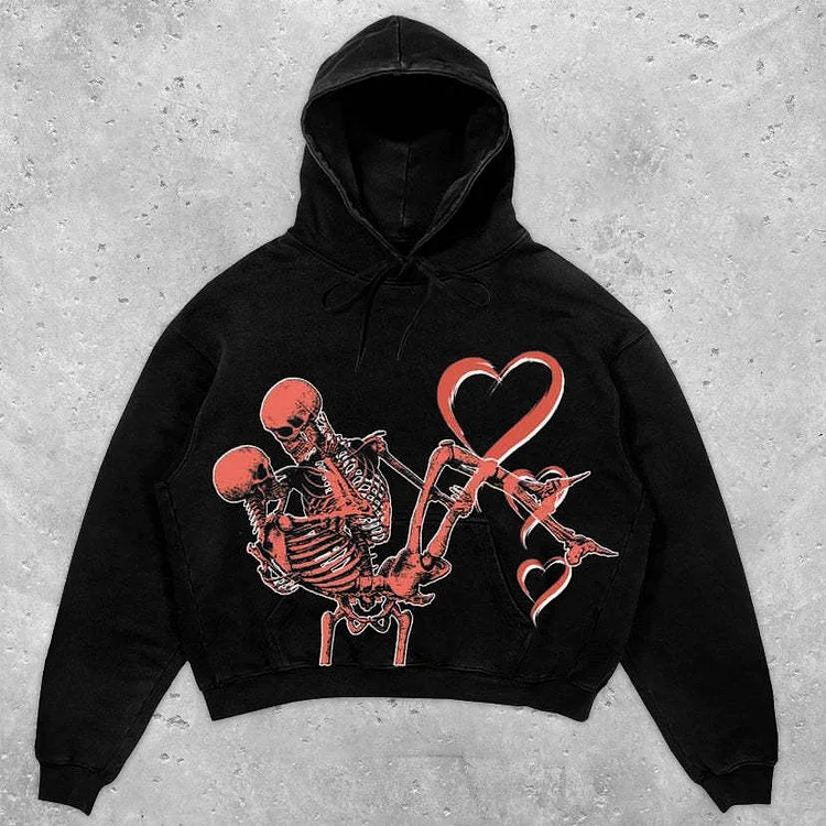 Hugging Skull Lazy Street 3D Printing Loose Hooded long-sleeved Sweater Hoodie-VESSFUL