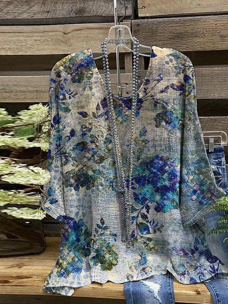 Women's Casual Vintage Print Round Neck Half Sleeve Top