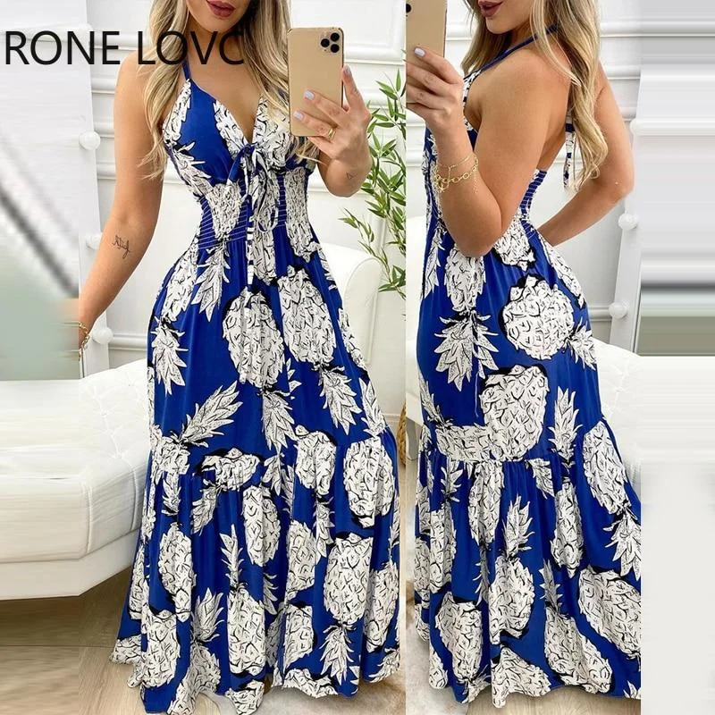 Women Summer Dress Pineapple Print Halter Ruffle Hem Maxi Dress 1109