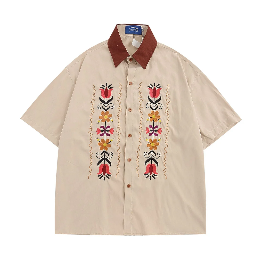 Small Flower Embroidered Short Sleeved Shirt With Half Sleeves
