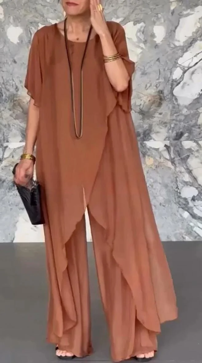 A long irregular top, loose trousers and chiffon suit for women 