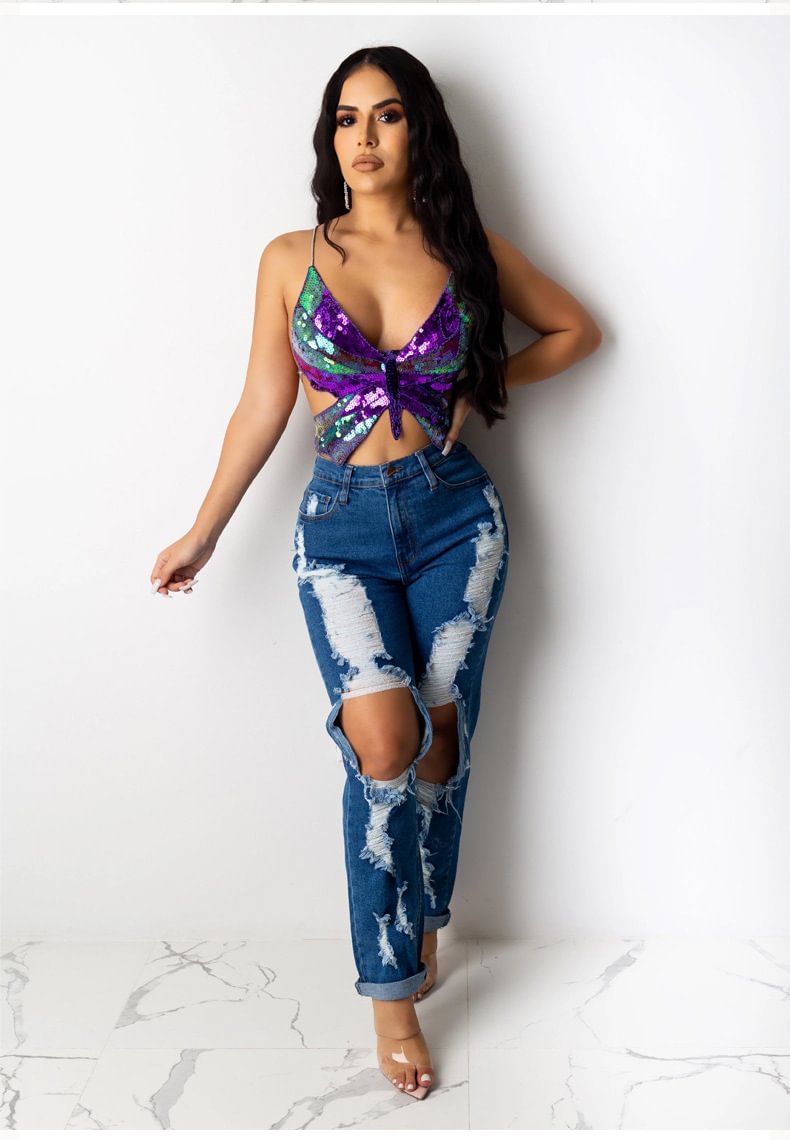 Strap Type Sexy Small Vest Sling Butterfly Sequined Top