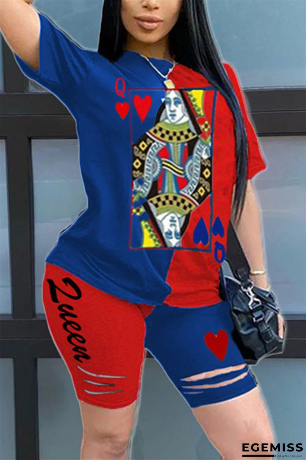 BlueRed Fashion Printed T-shirt Shorts Patchwork Set | EGEMISS