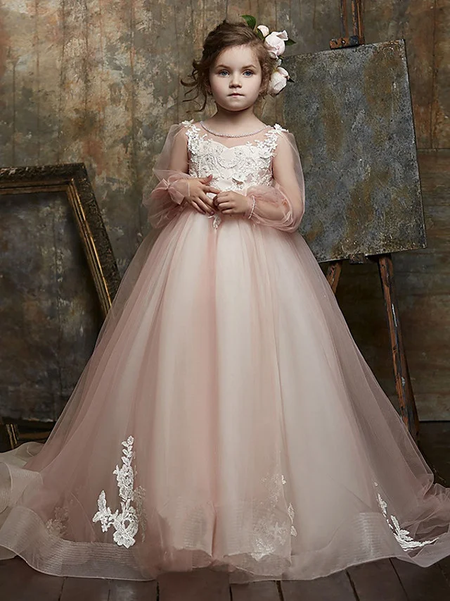 Daisda Illusion Neck  Long Sleeve Ball Gown  Flower Girl Dresses  Lace Organza with Appliques Buttons