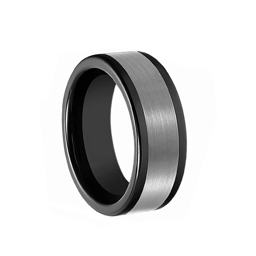 6MM 8MM Men Flat Black Tungsten Carbide Rings Brushed Silver Finish