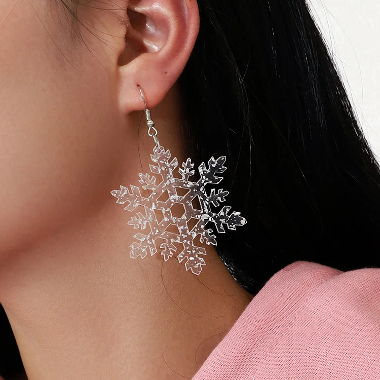 Christmas White Snowflake Sequin Acrylic Hook Dangle Earrings