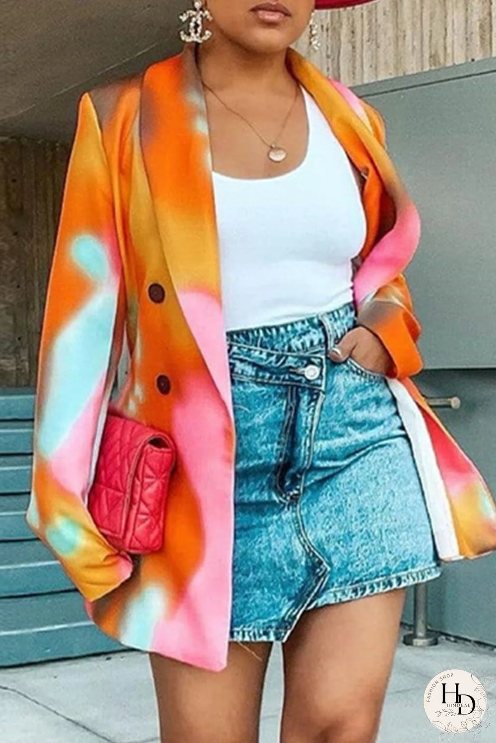 Orange Fashion Casual Print Cardigan Two Lapel Outerwear