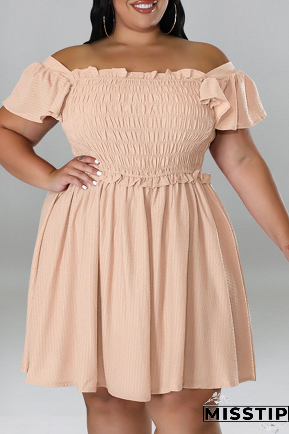 Rose Red Casual Sweet Solid Patchwork Fold Off the Shoulder A Line Plus Size Dresses