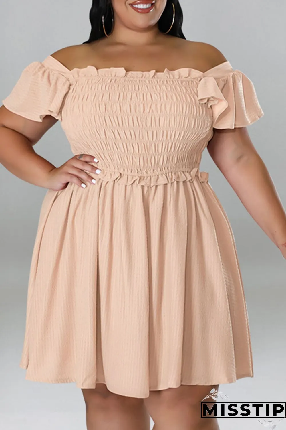 Rose Red Casual Sweet Solid Patchwork Fold Off the Shoulder A Line Plus Size Dresses
