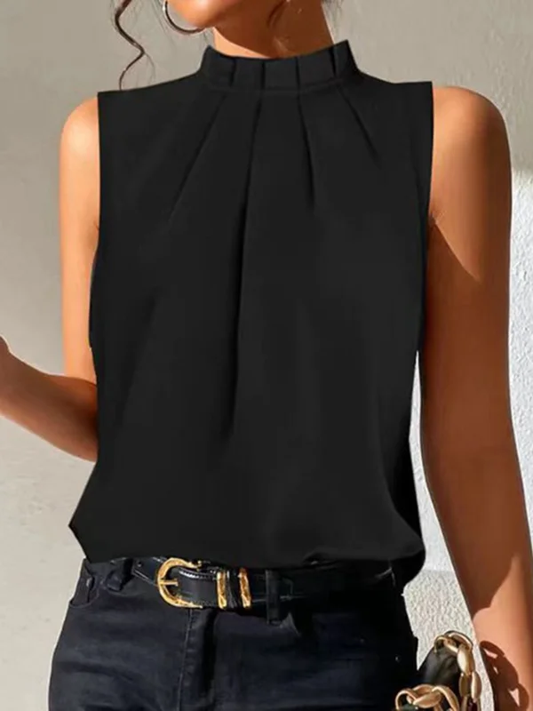 Split-Joint Solid Color Pleated Sleeveless Loose Stand Collar Vest Top