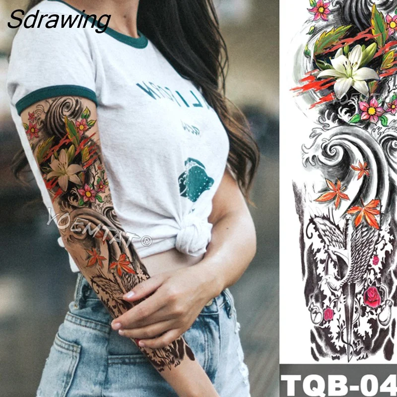 Sdrawing Arm Sleeve Tattoo Japanese Wave Waterproof Temporary Tattoo Sticker Lily Peacock Men Full Tiger Fox Tatoo Body Art Women