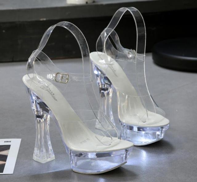 Zingj Shuzumiao Glowing Sandals Women 2020 Summer New Flowers Transparent High Heels 14.5cm Platform Thick heel Ladies Banquet Shoes