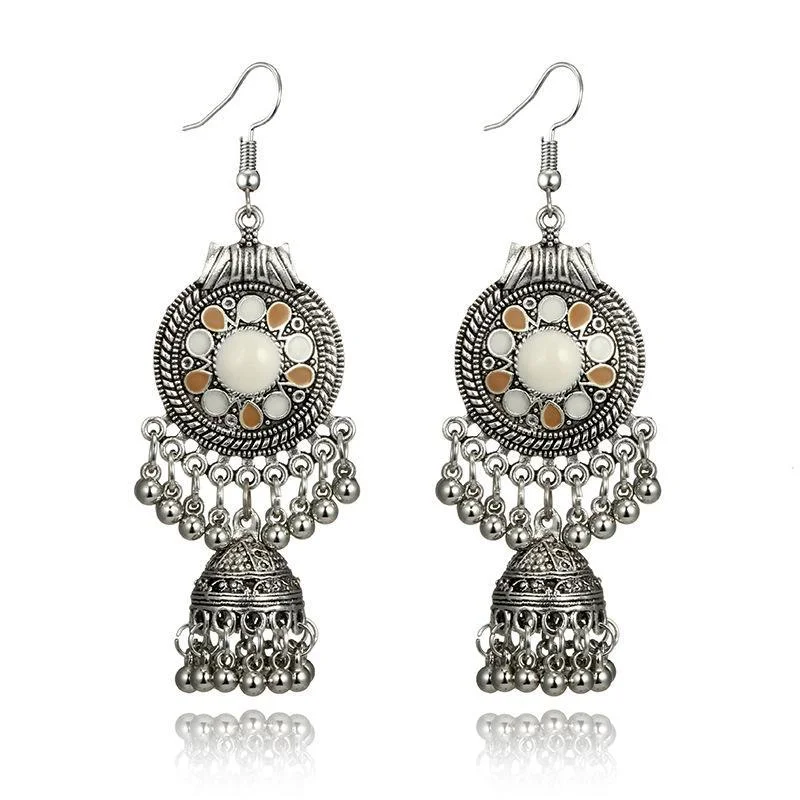 Wholesale Cheap Jewelry Bohemian Ethnic Alloy Multicolor Rice Bead Tassel Exaggerated Round Earrings