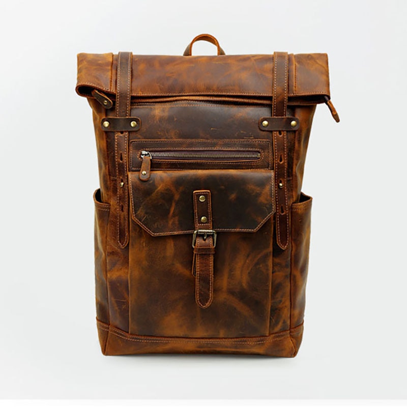 Front View of Woosir Leather Roll Top Backpack with Pockets