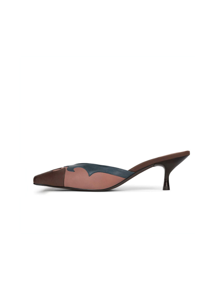 Brown & Blue Vegan Leather Closed Pointed Toe Patch-Work Mules with Kitten Heels Nicepairs