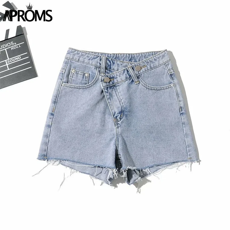 Abebey Vintage Tassel Blue Denim Shorts Women Casual High Waist Bottoms  Summer Streetwear Fashion Solid Color Jeans Shorts