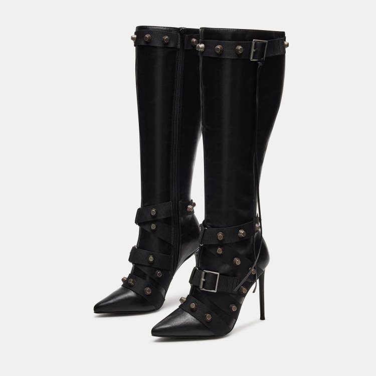 GOOSHOE Rivet Knee Length Buckle Tassel Boots Spicy Girl Motorcycle Side Zipper Boots