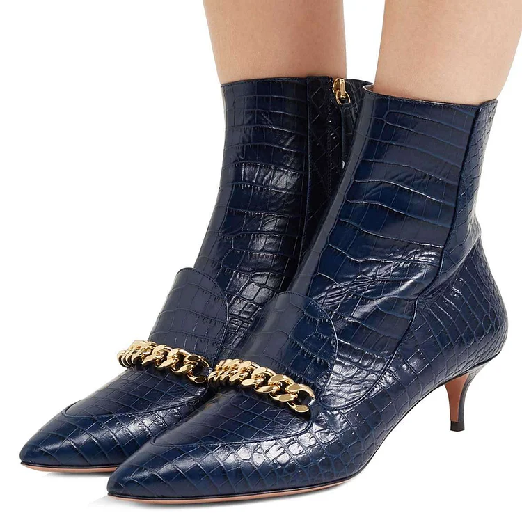 Navy Crocodile Embossed Pointed Toe Chain Embellished Heeled Booties |FSJ Shoes