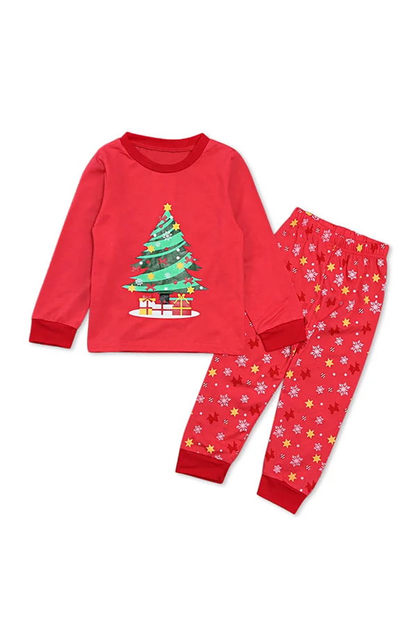 Long Sleeve Christmas Tree Snowflake Print Kids Girls Pajama Red-elleschic