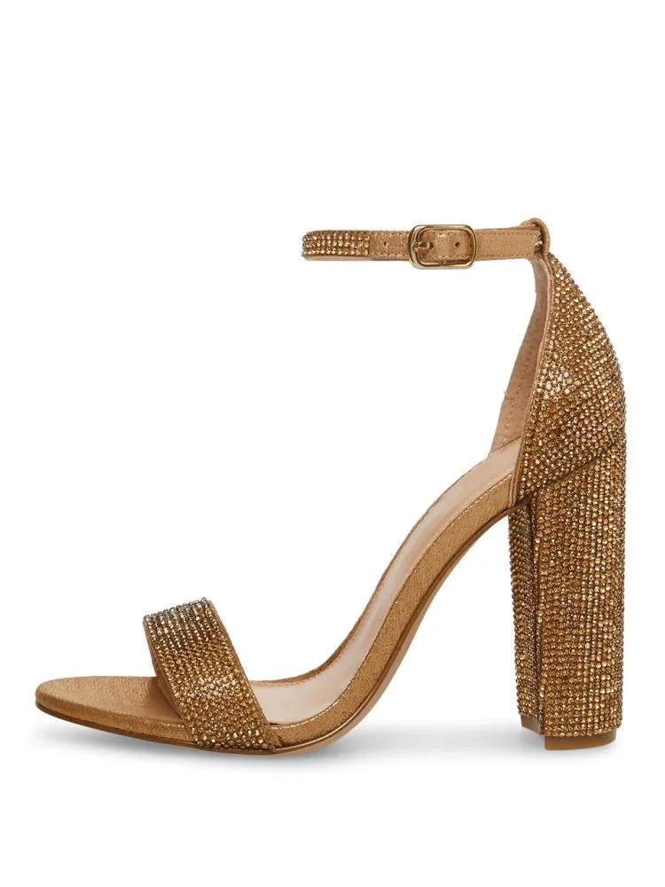 Gold Sparkly Crystals Almond Toe Ankle Strap Buckle Block Heel Sandals