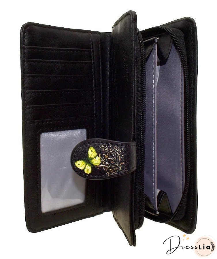 Large Wallet with Floral Butterfly Scene Design and Zipper