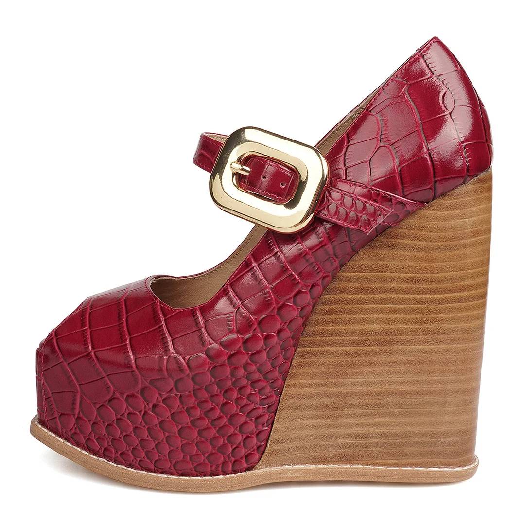 Vegan Leather Python Platform Peep Toe Woody Heel Party Pumps in Red