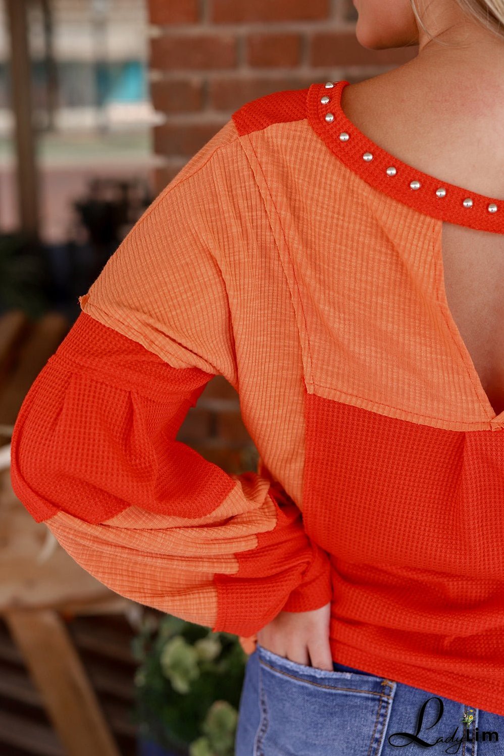 Studded V Neckline Textured Knit Top