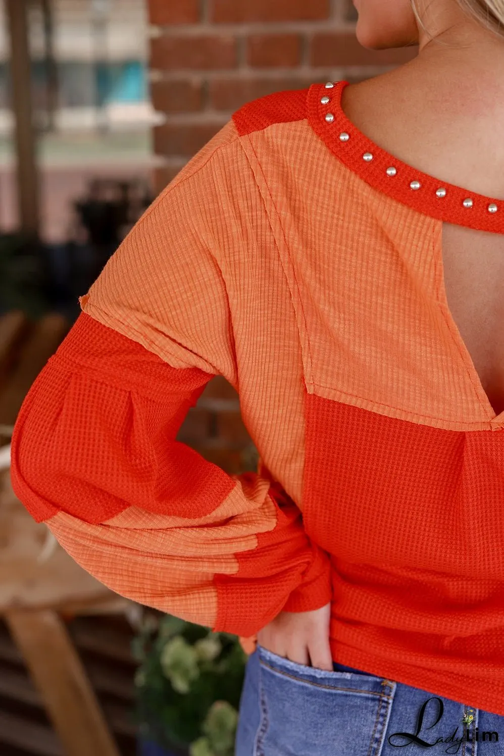 Studded V Neckline Textured Knit Top