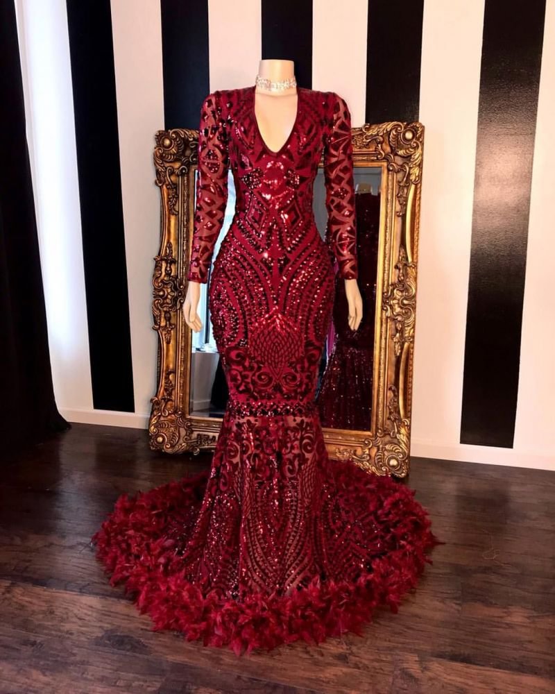 Long Sleeves Burgundy V Neck Mermaid Prom Dress Feather With Sequins | Ballbellas Ballbellas