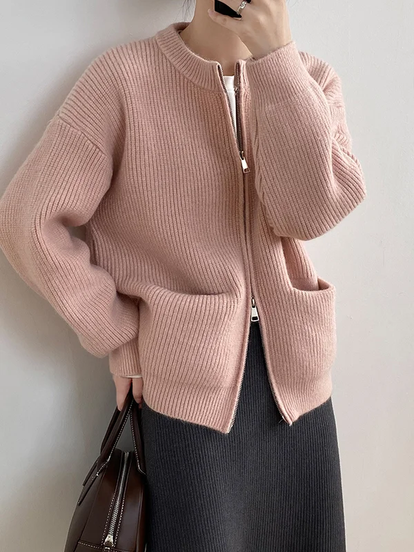 Casual Long Sleeves Roomy Pure Color Zipper Round-Neck Cardigan Tops
