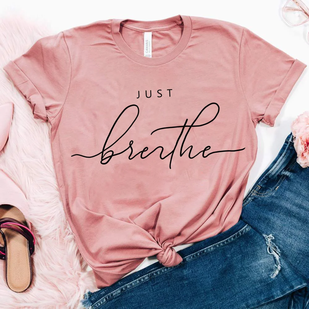 Round collar just breathe letter graphic tees