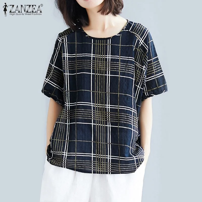 Summer Blouse ZANZEA Women Vintage Printed Tops Casual O Neck Short Sleeve Shirt Female Loose Tunic Blusas  Chemise