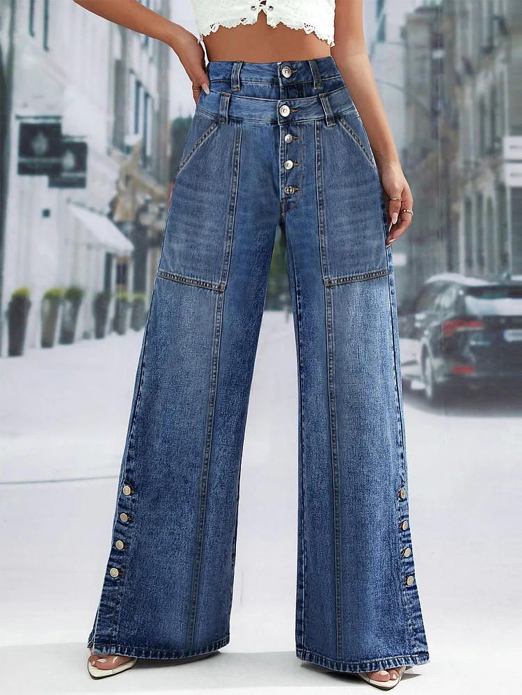 Ursime Daily Spliced Button Denim Straight Wide Leg Jeans