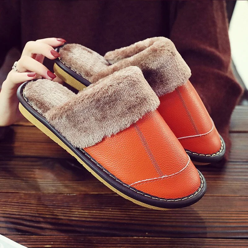 Female Slippers Genuine Leather Women's Slippers for Home Soft Velvet Plush Slippers Indoor Comfy Waterproof  Shoes Woman
