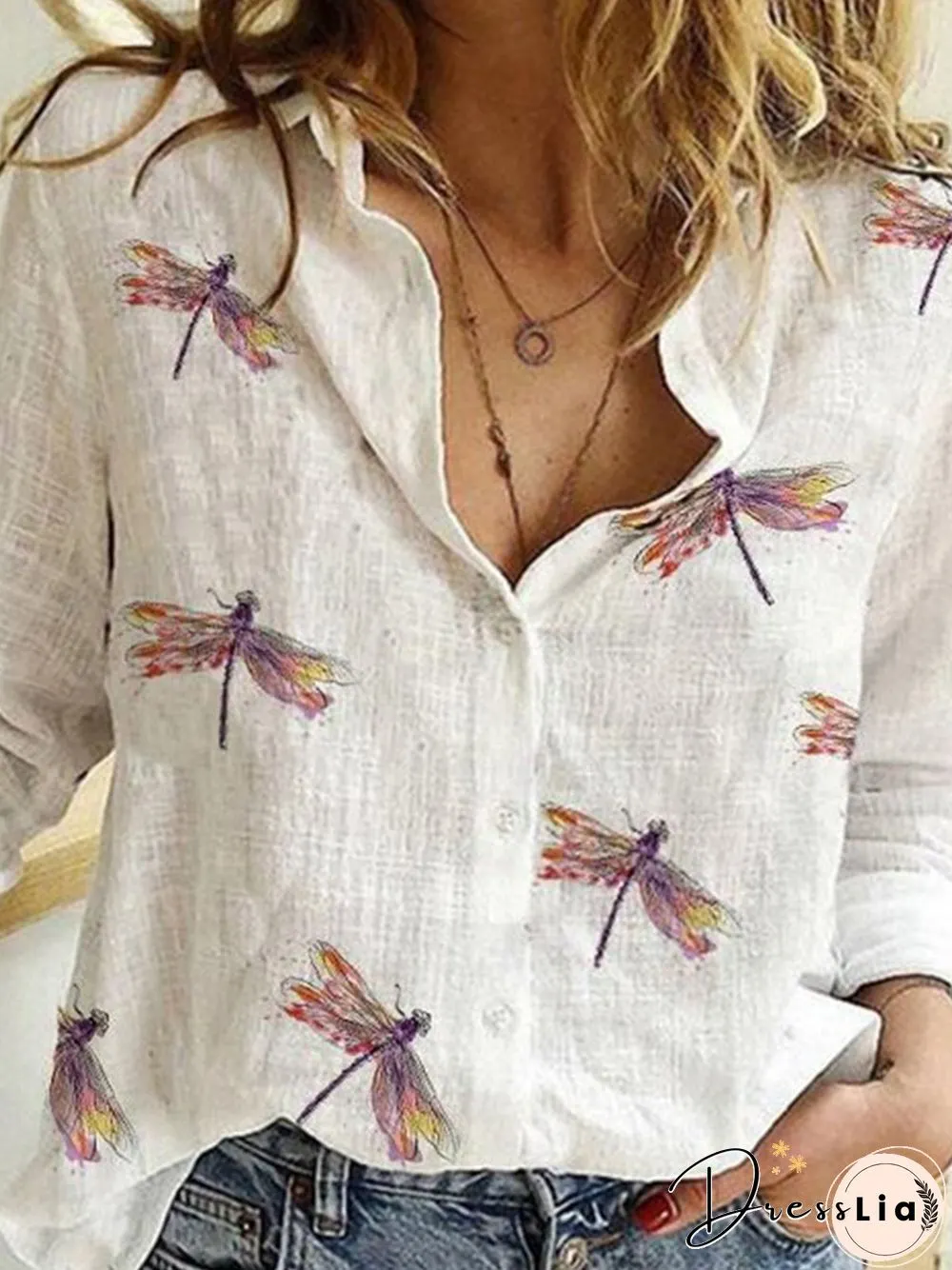 Shawl Collar Shift Cotton Long Sleeve Blouse