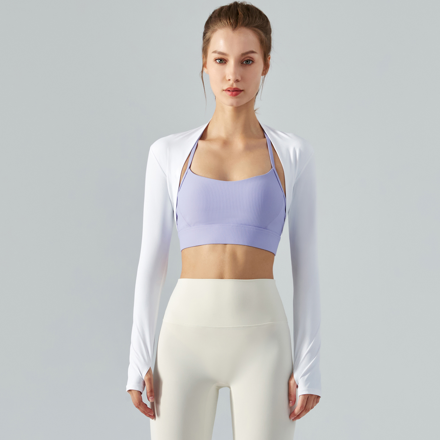 Buy White long sleeve crop sunscreen waistcoat thin running jacket with thumb holes of high quality on Hergymclothing