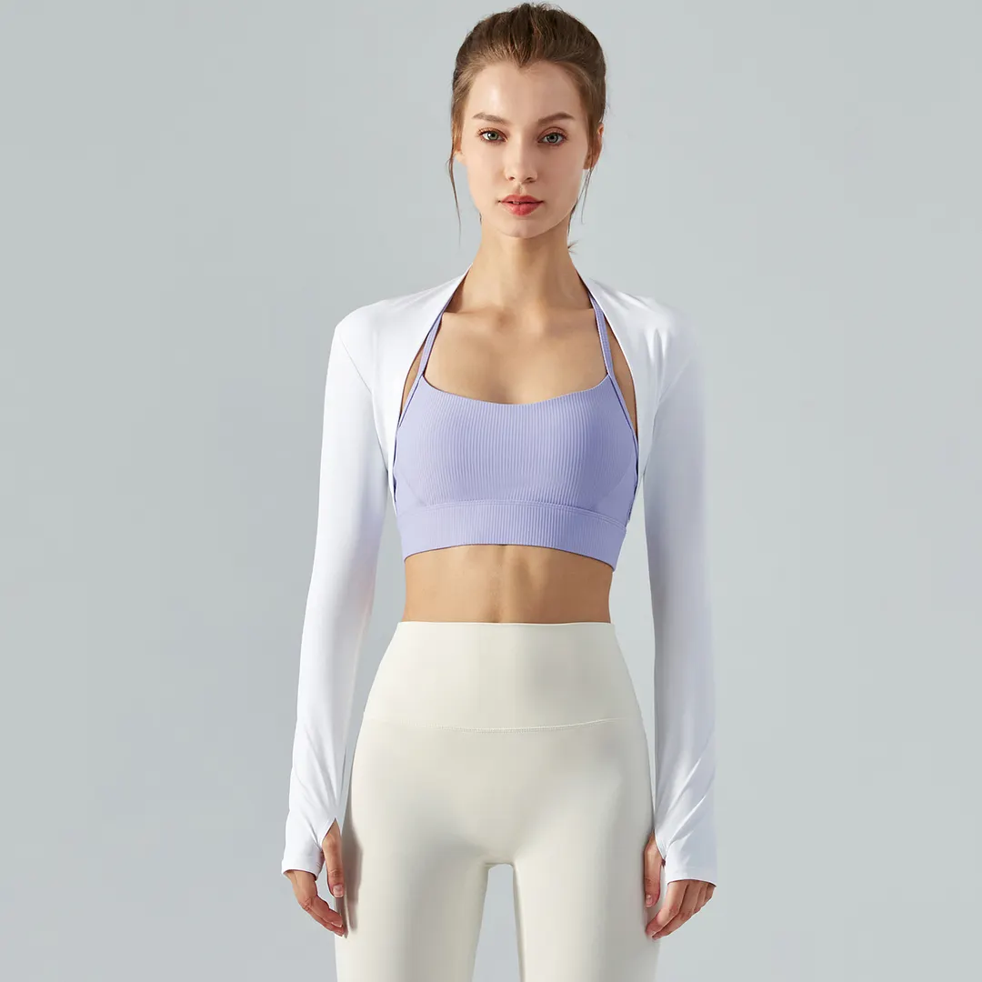 Buy White long sleeve crop sunscreen waistcoat thin running jacket with thumb holes of high quality on Hergymclothing
