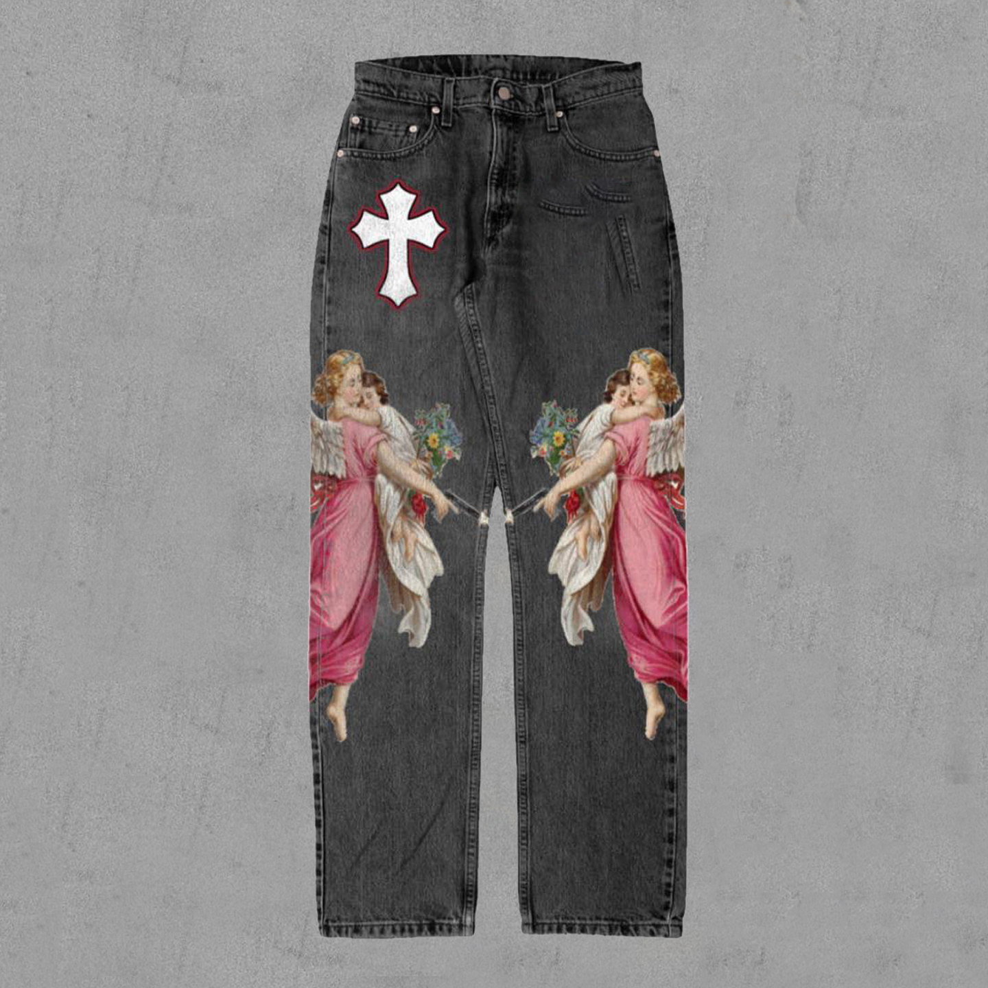 Casual Vintage Cross Print Jeans