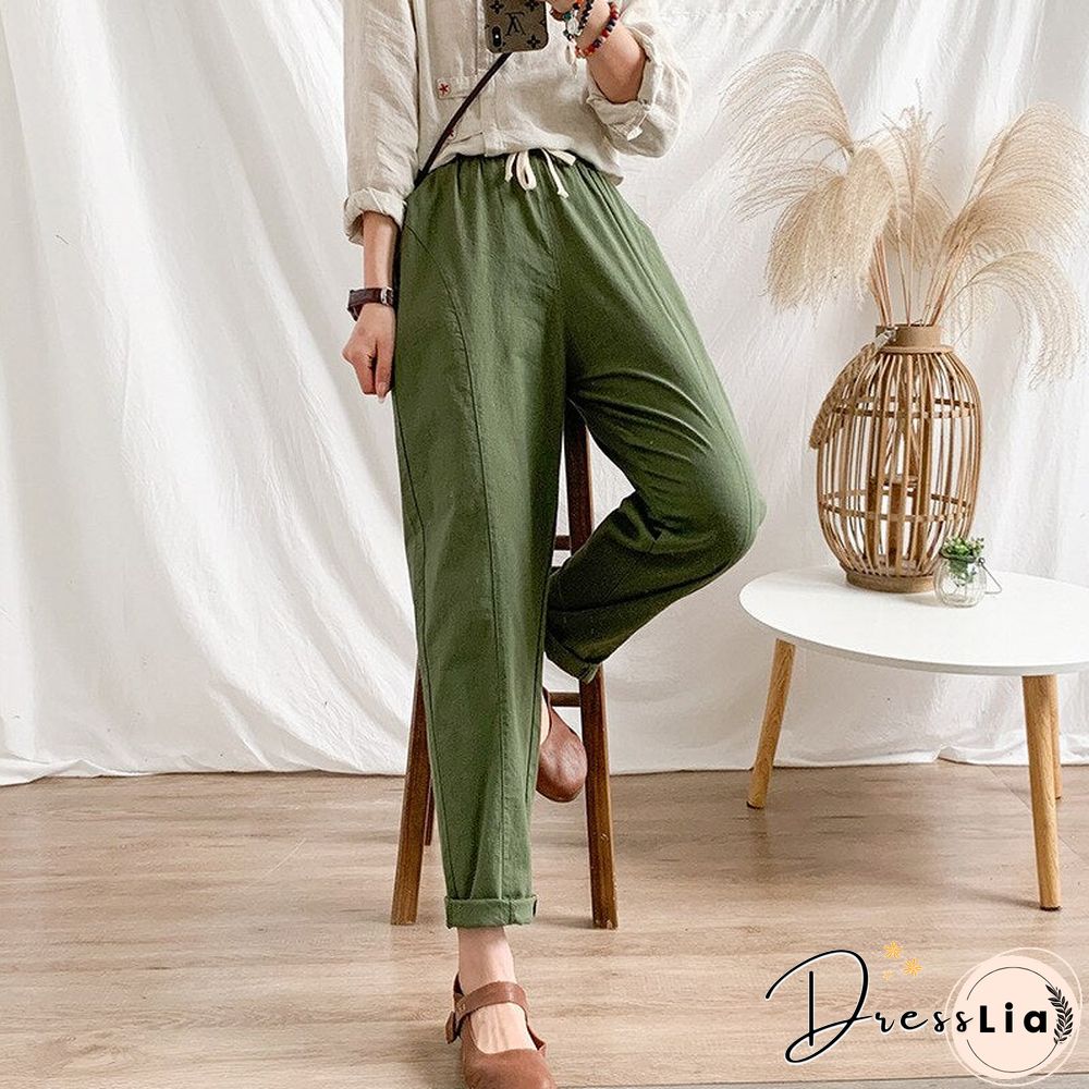 Summer Womens Pants-Cotton Linen Large Size Casual Loose Ankle-Long Capri Drawstring