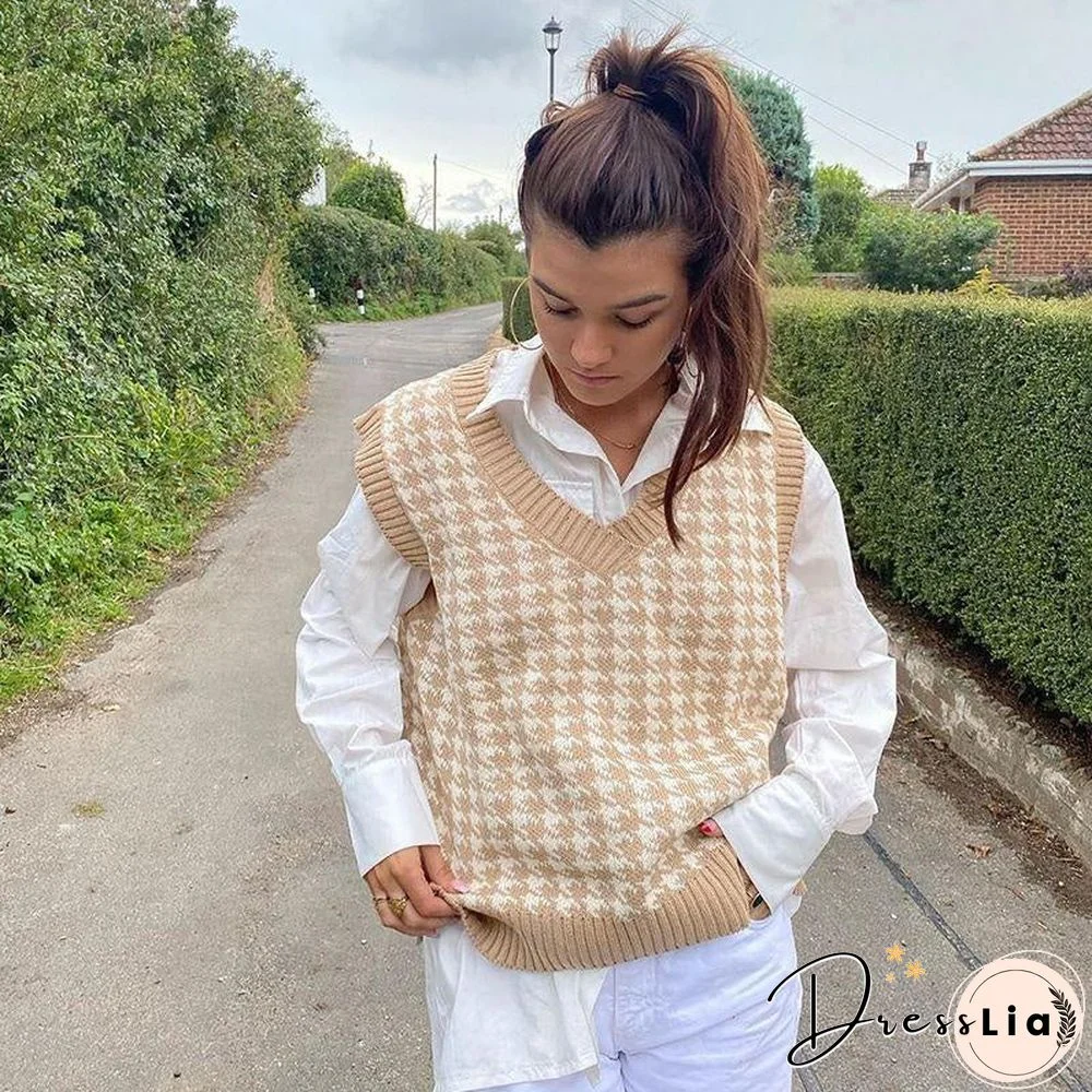 Checkered Cropped Knitted Tank Argyle Sleeveless Jumper