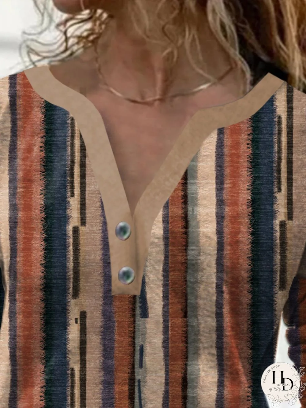 Striped Long Sleeve Buttoned Notched Plus Size Casual T-Shirt