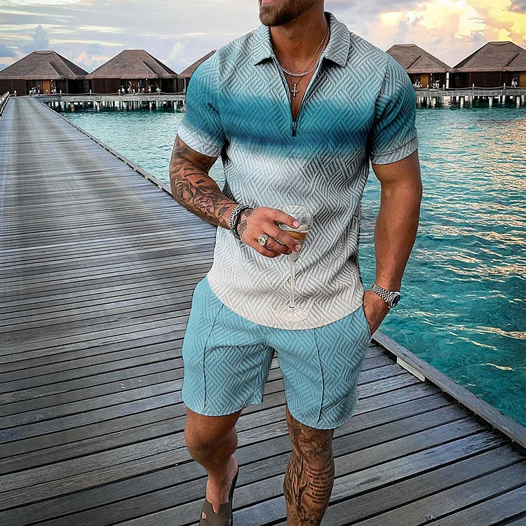 BrosWear Blue Gradient Polo Shirt And Shorts Two-Piece Set