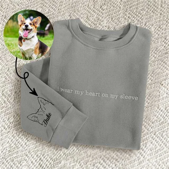 🔥Hot Sale🔥Personalized Heart On My Sleeve Embroidered Crewneck With Dog Cat Ears Any Pet Ears Gift For Pet Lover