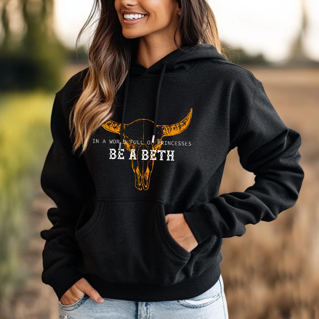 Women's Vintage Western Yellowstone Cow Skull Print Pocket Black Hoodie