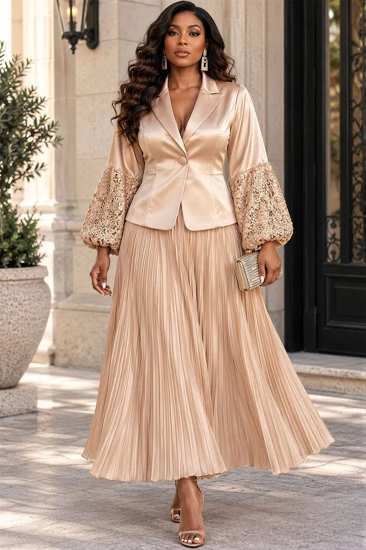 Xpluswear Design Plus Size Wedding Guest Guipure Lace Champagne Turndown Collar Lantern Sleeve Long Sleeve Contrast Pleated Satin Two Piece Skirt Sets [Pre-Order] 2024 - Xpluswear