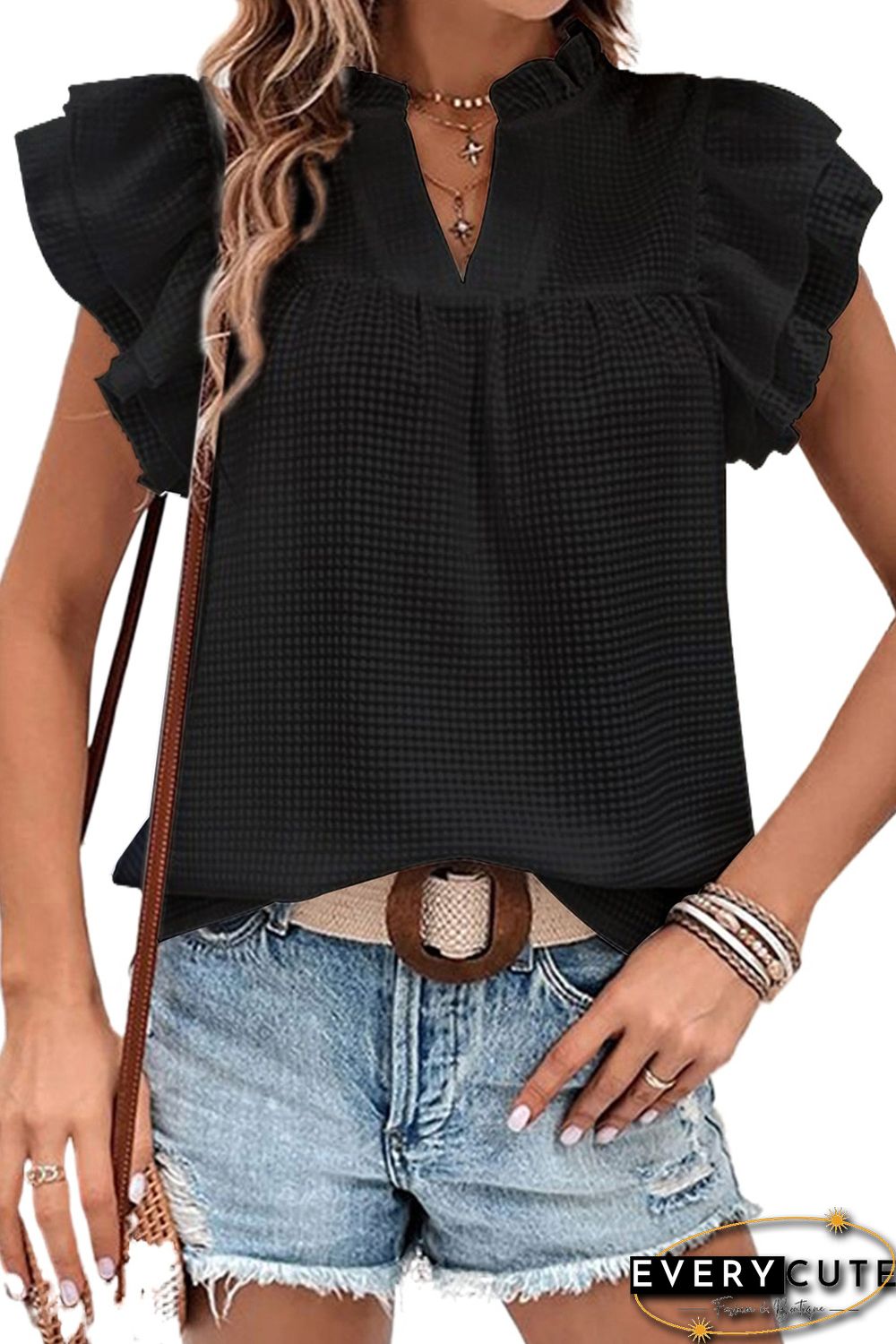 Black Ruffle Accent Flutter Sleeve Notch Neck Top